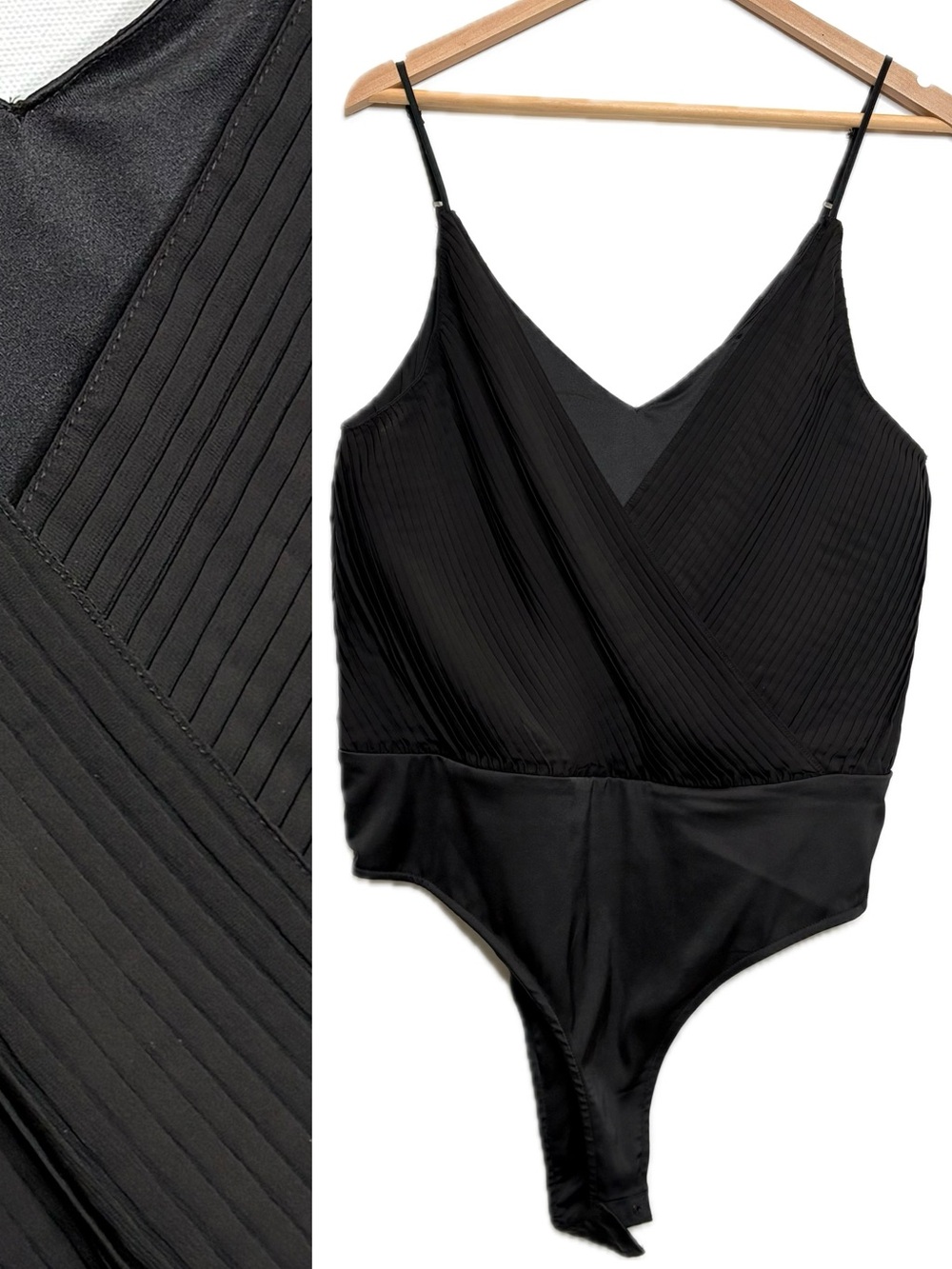Zara Black Pleated Wrap Front Double Layer V-Neck Satin Cami Bodysuit Size XL